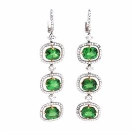 Platinum and 18K Yellow Gold 12.18 CTW Tsavorite Garnet and 2.91 CTW Diamond Dangle Earrings
