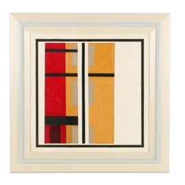 Robert Hermann Oil Painting on Board "Windows": An oil painting on board titled Windows by well-listed American painter Robert Herrmann (1922-1996), executed in 1960. Bold red and yellow tones appear in rectangular forms with black bars forming a square border and through the center. The bars form the appearance of a window. The background is a stark white. Signed, titled and dated to the verso of the canvas and visible throughout a view window. Presented without glass, housed in a white painted wood frame frame with raised light blue moulding.