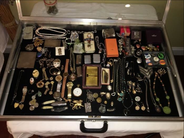 Gold & silver jewelry; Cartier watch; Movado; costume; lighters, political pins, Tiffany cigarette, etc