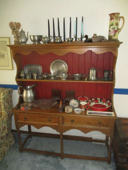 CHINA CABINET AND PEWTER ITEMS