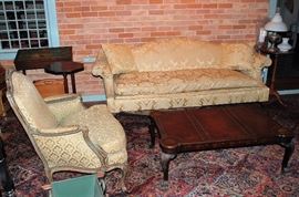 Chippendale Damask Upholstered Down Filled Camel Back Sofa