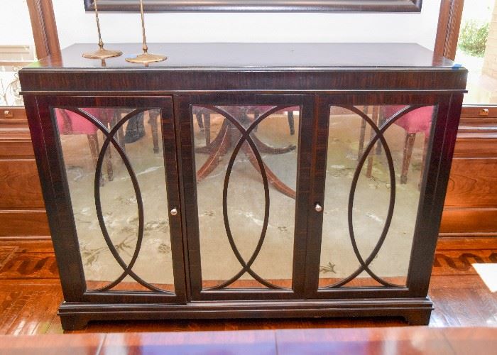 Vintage Rosewood Zebrawood? Cabinet / Sideboard with Mirrored Doors (Approx 58"L x 20"W x 42"H) 