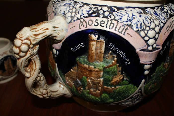 Close Up of Mug ~ Vintage REINHOLD MERKELBACH 3529 German Punch Bowl / Tureen with castles, includes 12 mugs / cups ~ Set is in Excellent Condition