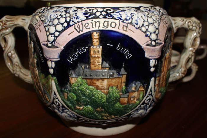 Other Side of Mug ~ Vintage REINHOLD MERKELBACH 3529 German Punch Bowl / Tureen with castles, includes 12 mugs / cups ~ Set is in Excellent Condition
