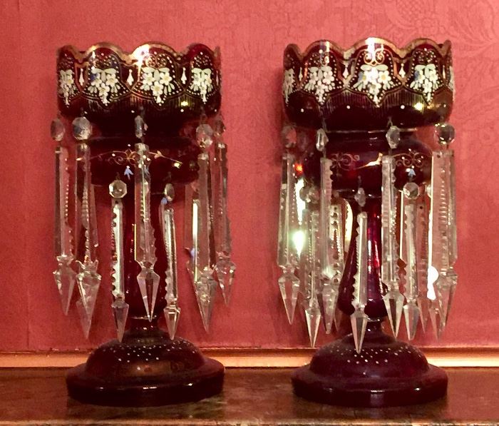 19th c. Rare enameled cranberry mantle lusters with double row colonial spear prisms 
