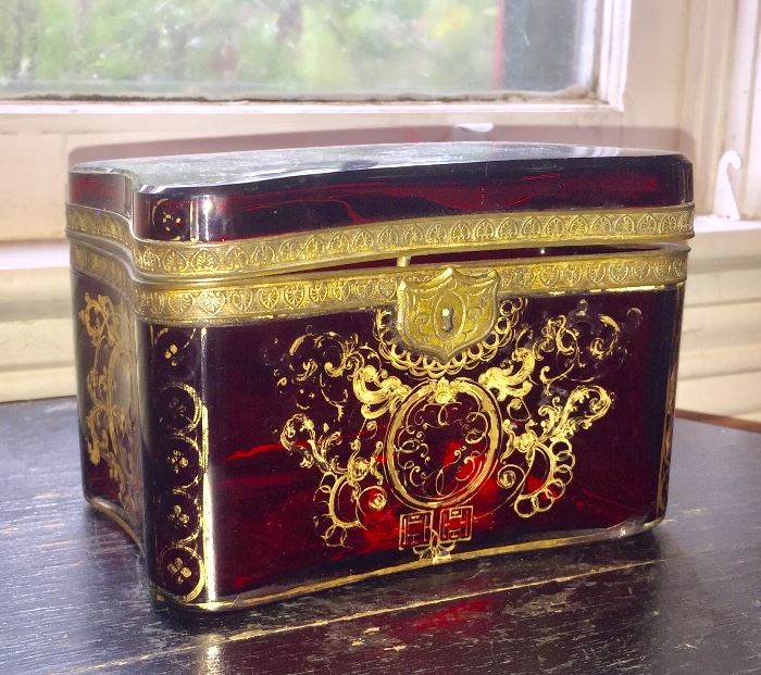 19th c. French gilt cranberry glass jewel box