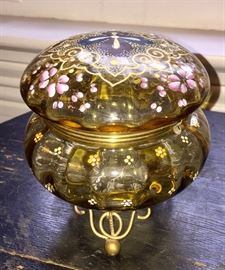 Enameled Amber glass powder box on stand, attributed to Moser