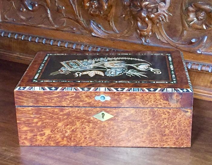 Mid 19th c. Burled wood mother of pearl inlaid lap desk 