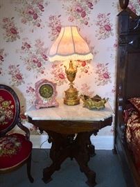 Marble top table, French Empire lamp