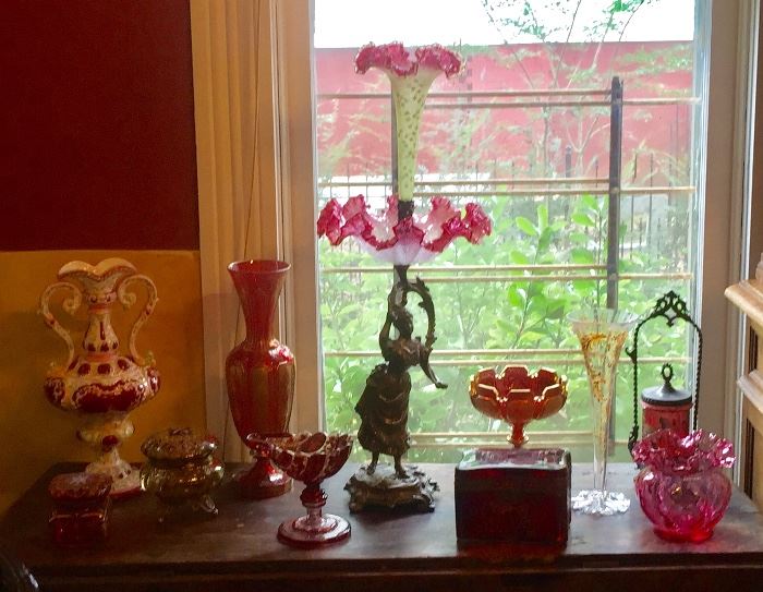 Figural epergne, Moser and other cranberry glass 