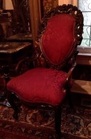 Custom upholstered carved mahogany parlor chair