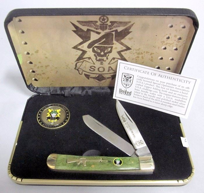 SOA Special Edition Trapper Knife and Coin Set, Stainless Steel Knife Blade Etched "We Spent Our Time in Hell 1957-1975"