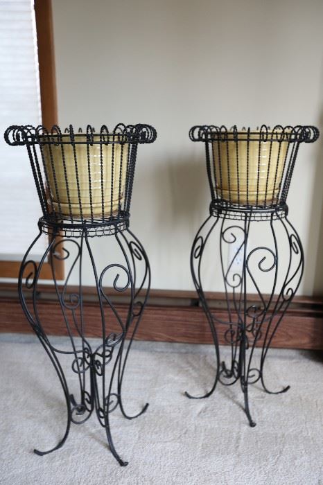 Two (2) Plant Stands with Ceramic Pot Planters (Pale Yellow), 32"h
