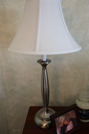 Table Lamps (2), Brushed Chrome, White lamp Shade, 28"h
