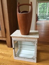 Mid century Dansk ice bucket (2) and antique white display case with glass shelves