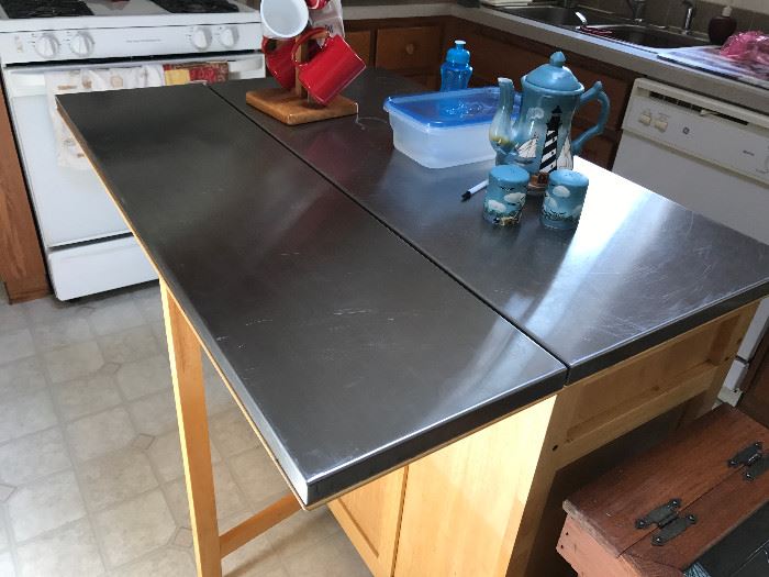 Rolling Kitchen Island with Stainless Steel Stop and Leaf