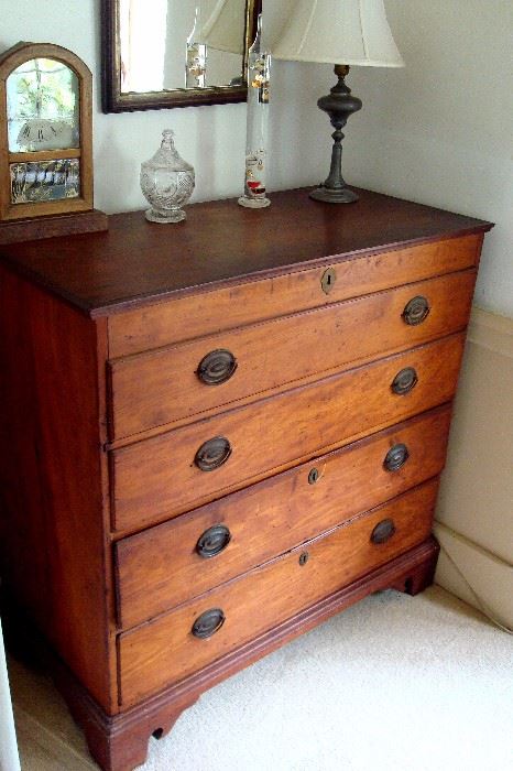 Chippendale period lift top blanket chest with two drawers below. Original pulls replaced with Sheraton period pulls.
