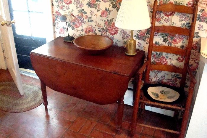 Antique cherry drop leaf table, Shaker high back rush seat chair & misc.