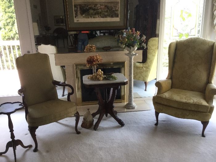 Two upholstered chairs by Hickory Chair, Victorian marble topped table & marble pedestal