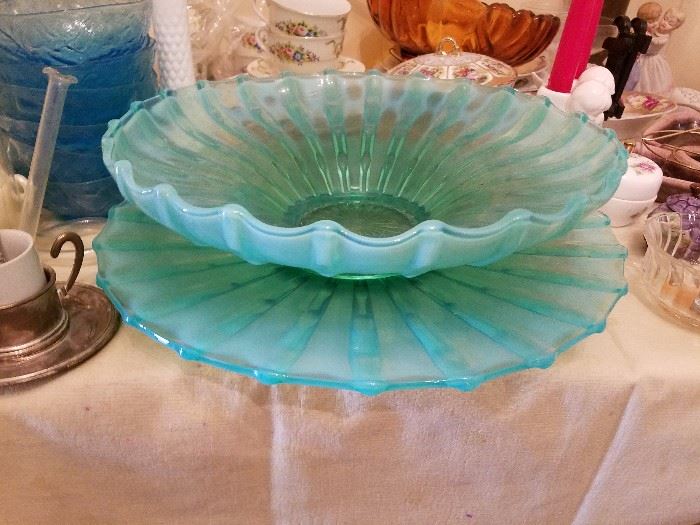 Vintage hand blown opelescent glass bowl and matching under plate.  Possibly by Fenton Glass Company
