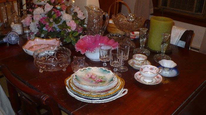 BRIDES BASKET   PAINTED PLATES   CUPS AND SAUCERS AND MORE ALL NICE