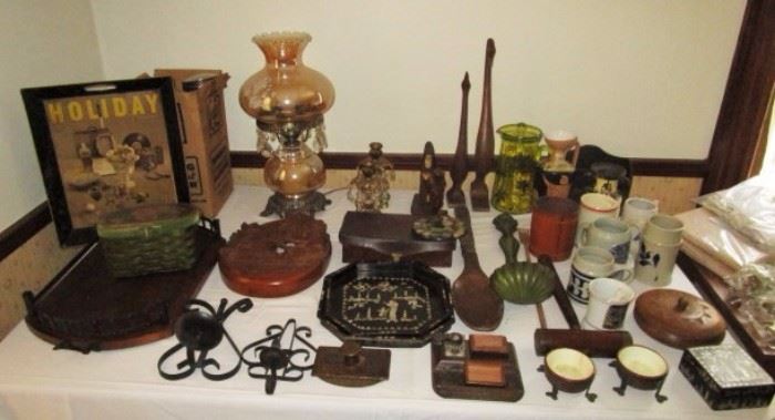 Vintage trays, lamp, desk set, stoneware mugs, etc.