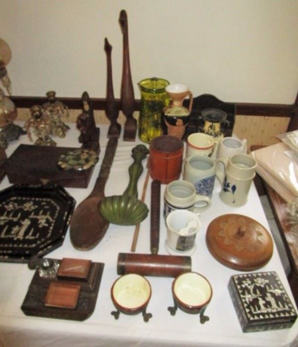 Antique desk set, misc. stoneware mugs, misc. vintage & antique collectibles