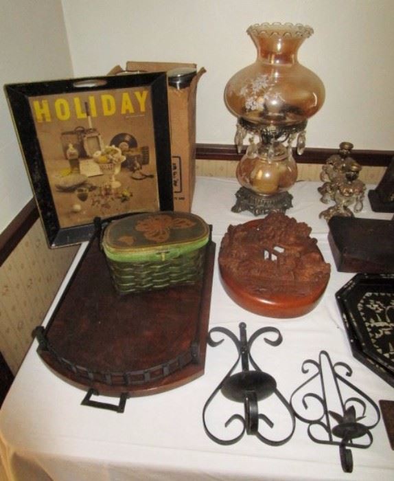 Vintage electric lamp, vintage trays, wall sconces