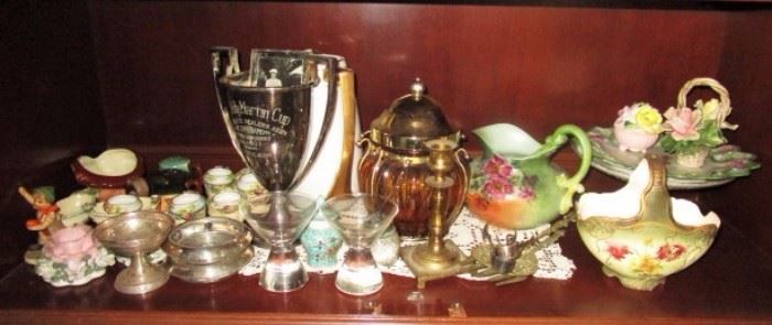 Antique/vintage glass, hand painted porcelain, silver plate & sterling tiems