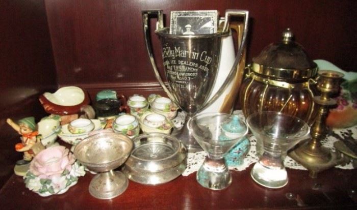 1920's Billy Martin Cup, dated, silver plate, misc. porcelain open salts, etc.