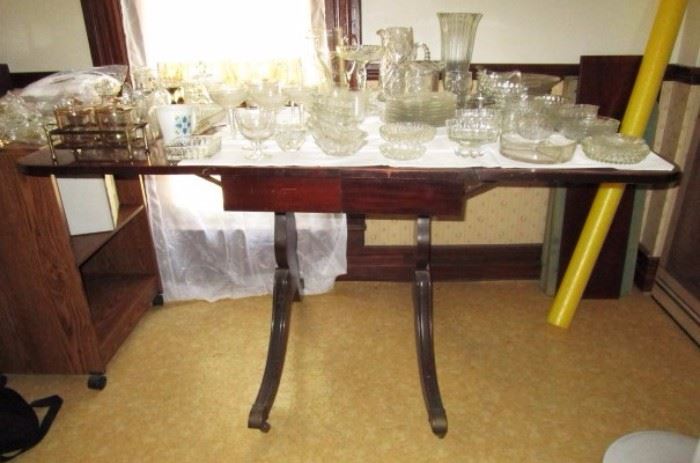 Mahogany drop leaf table, vintage/antique glass