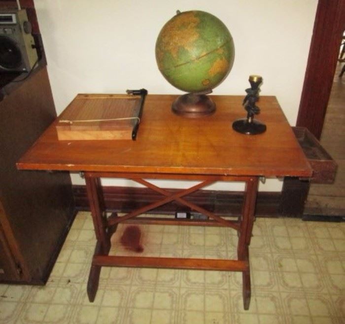 Vintage/antique drafting table, vintage paper cutter, vintage world globe