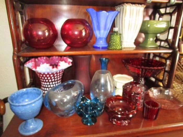 Fenton coin dot vase, cranberry rose bowls, Art pottery, etc.