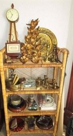 Banjo clock, Misc. brass candle sticks, vintage ash tray collections