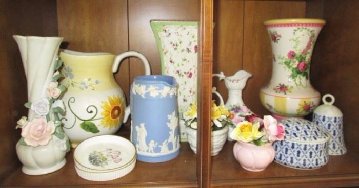 Misc. vases, pitcher, Wedgewood pitcher, Holly Hobby bell and covered dish