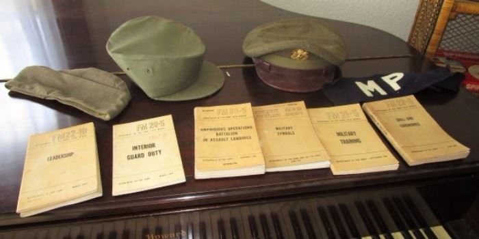 Military books, officer hat, misc. hats