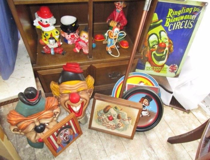 Vintage clown collectibles, posters, some banks