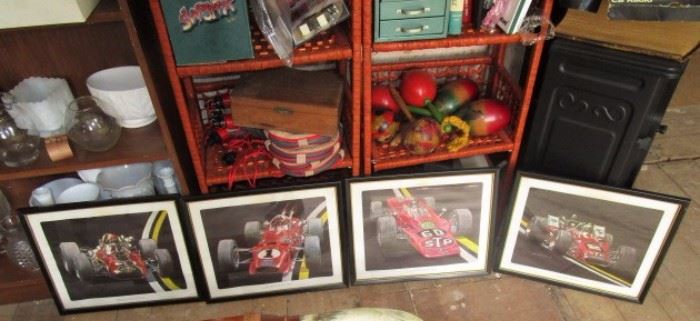 Vintage framed car racing prints