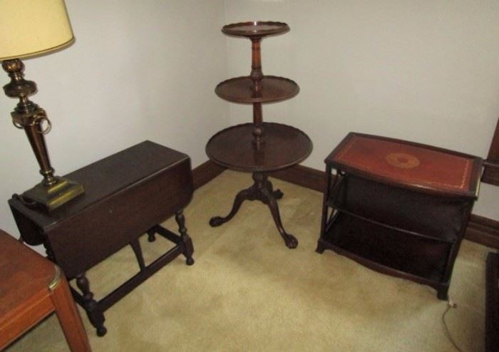Drop leaf side table, Chippendale style 3 tier pie table, leather top side table