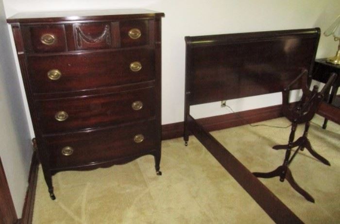 Mahogany Chest of drawers, bed, quilt stand