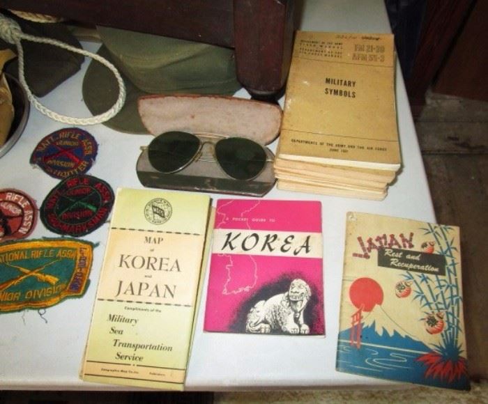 Vintage Korea & Japan maps, military books from 1940's, vintage sun glasses
