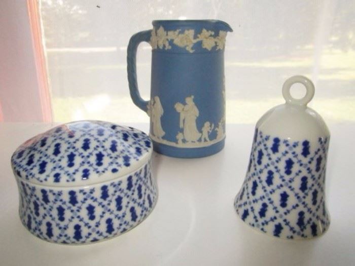 Holly Hobby covered box and bell, Wedgewood pitcher