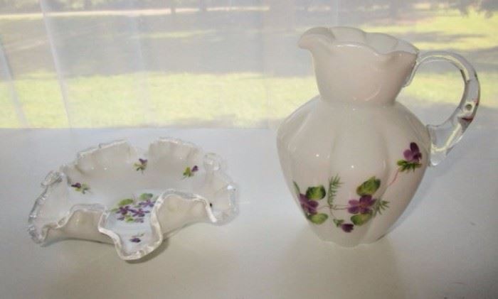 Fenton hand painted violet fluted bowl and creamer/pitcher