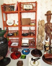 Vintage collectibles, smoking items, carved wooden figures