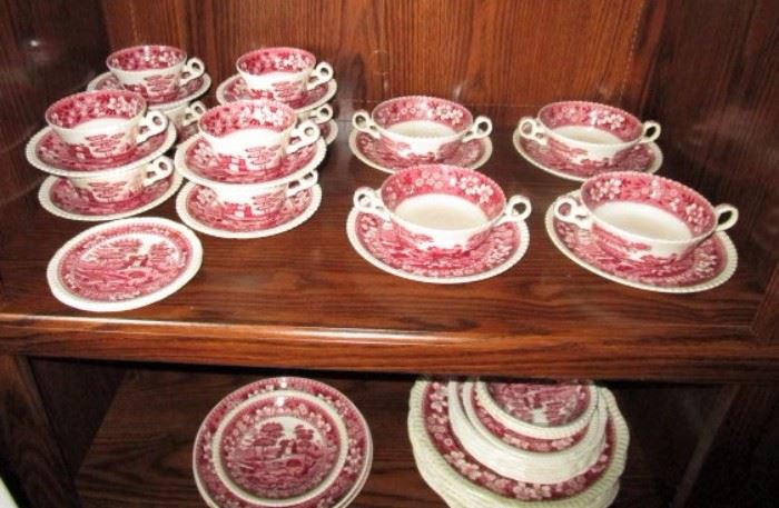 English transfer ware, cups & saucers, cream soup bowls/plates