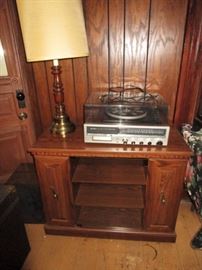 Record cabinet turn table, misc. lamps