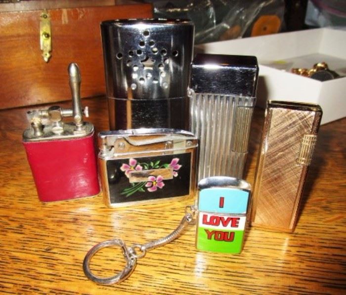 Vintage lighters, Parker Table lighter, Lucienne engraved lights, etc.