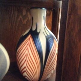 12" Art Glass Vase ~ Pulled Feather cased with red lining.