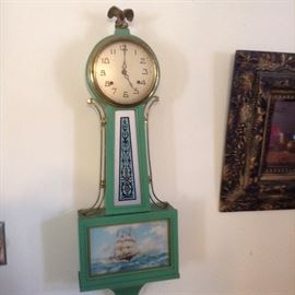 Banjo Clock, Light green reverse painting of ship.  36" long