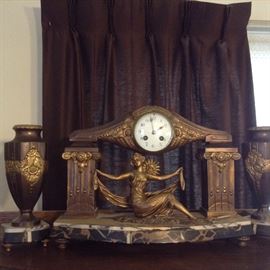 Art Nouveau Clock with 2 Vases (garnitures).  White and Black Marble made in France